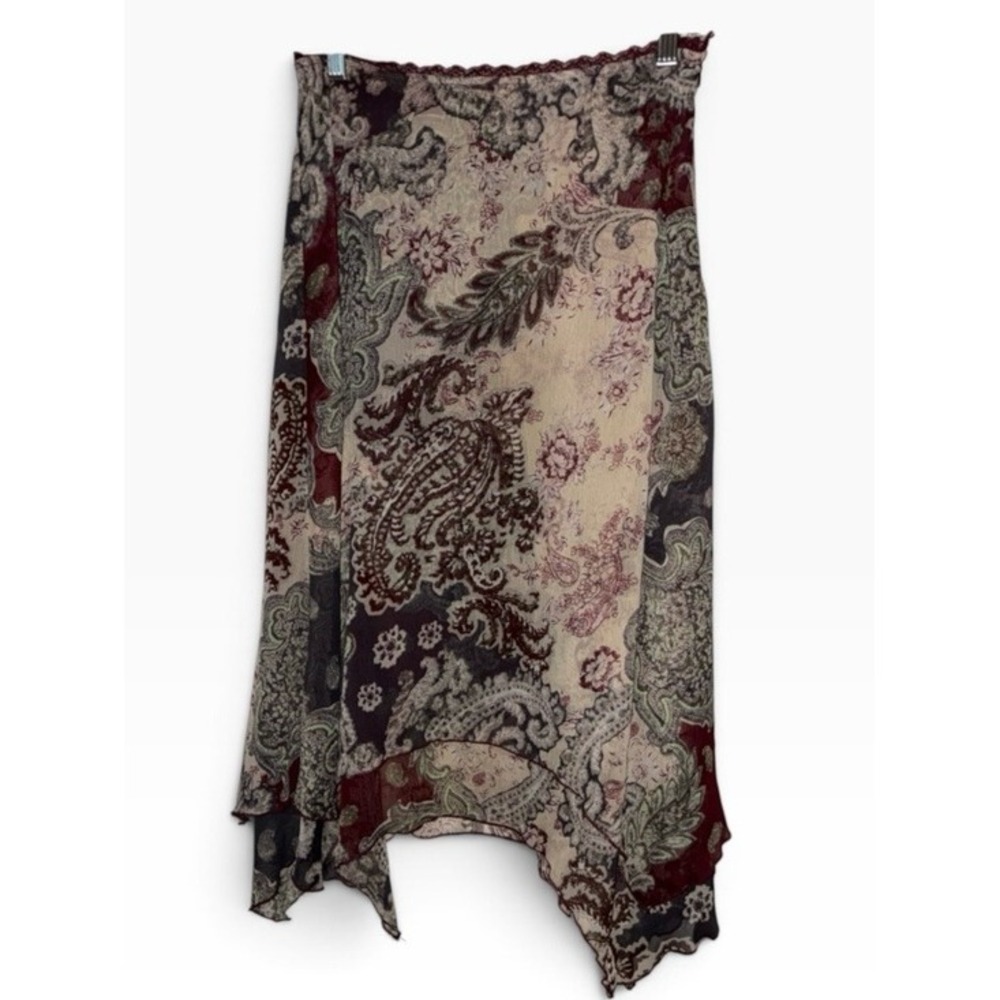 Free People Paisley Asymmetrical Midi Skirt Burgundy Cream Mint Green Grey Sz XS